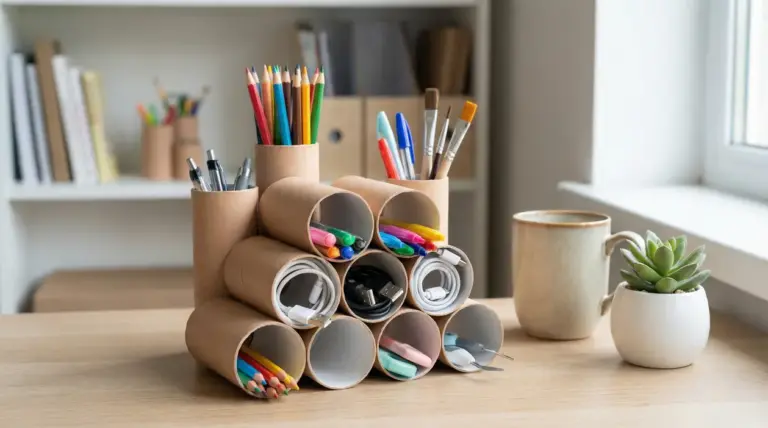 Rotoli di carta igienica riutilizzati come organizer da scrivania per penne, cavi e altri oggetti.