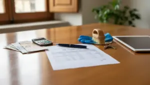 Documenti e calcolatrice su un tavolo con banconote e strumenti per pulizie, per calcolare la paga oraria della colf