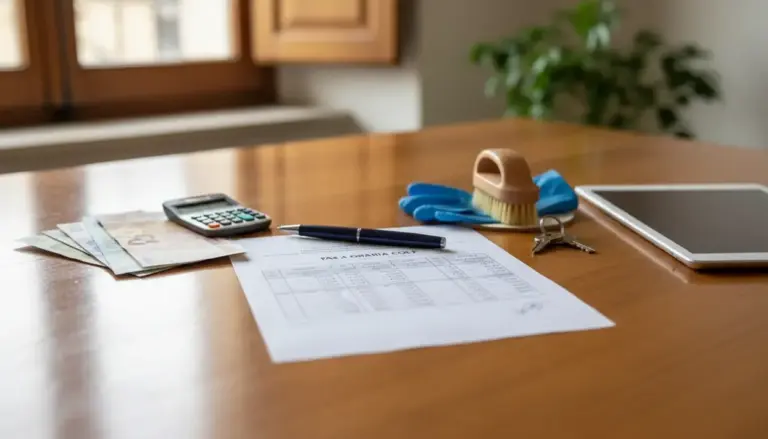 Documenti e calcolatrice su un tavolo con banconote e strumenti per pulizie, per calcolare la paga oraria della colf