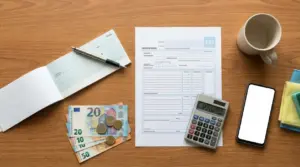 Documenti di pagamento, calcolatrice, banconote e smartphone su un tavolo