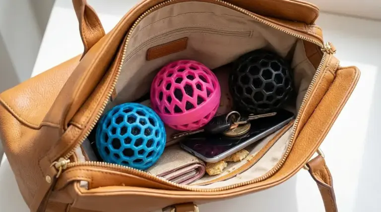 Interno di una borsa in pelle con palline pulisci borsa colorate, telefono, chiavi e piccoli residui