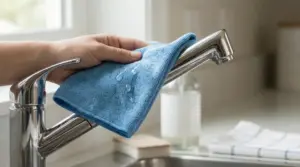 Mano che lucida un rubinetto in acciaio con un panno in microfibra umido in cucina