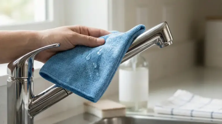 Mano che lucida un rubinetto in acciaio con un panno in microfibra umido in cucina