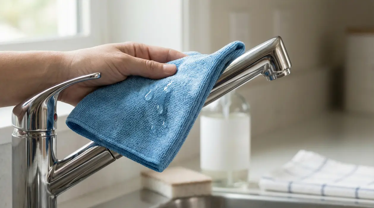Mano che lucida un rubinetto in acciaio con un panno in microfibra umido in cucina