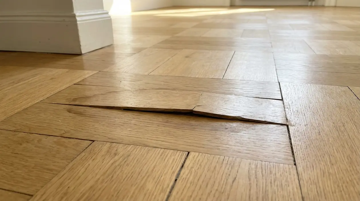 Parquet in legno con una doga sollevata e deformata vicino al battiscopa, segno di rigonfiamento del pavimento