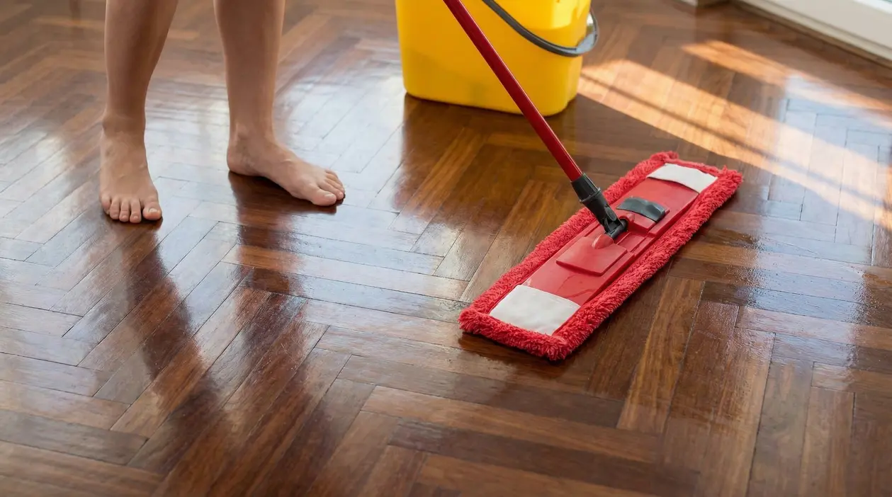 Persona che passa un mocio su un parquet lucido in casa, con secchio giallo sullo sfondo