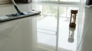 Pavimento in piastrelle lucido dopo la pulizia con mocio, con clessidra in primo piano