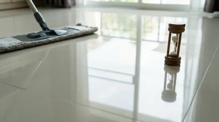 Pavimento in piastrelle lucido dopo la pulizia con mocio, con clessidra in primo piano