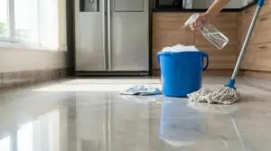 Persona prepara acqua e detergente per lavare un pavimento lucido in cucina con mocio e secchio