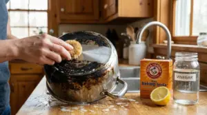 Persona che pulisce una pentola annerita con spazzola, accanto a bicarbonato, aceto e limone in cucina