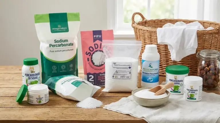 Confezioni di percarbonato di sodio su un tavolo, con biancheria bianca in un cesto per sbiancare il bucato