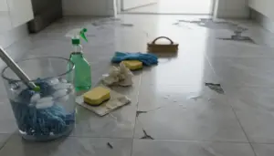 Secchio con ghiaccio, mocio e detergenti su pavimento in piastrelle con crepe e zone rovinate