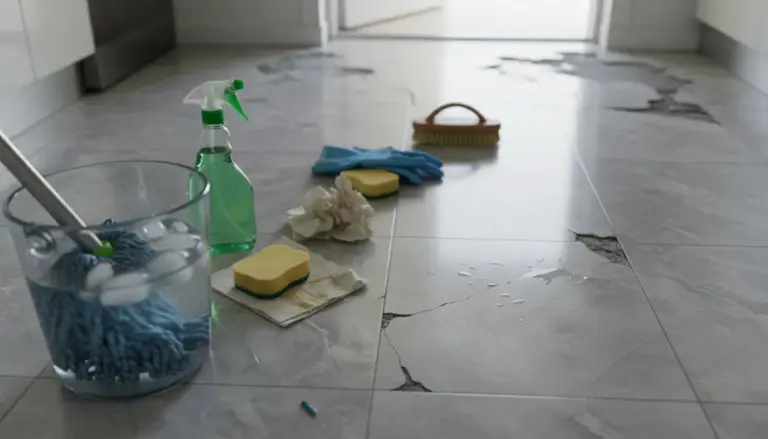 Secchio con ghiaccio, mocio e detergenti su pavimento in piastrelle con crepe e zone rovinate