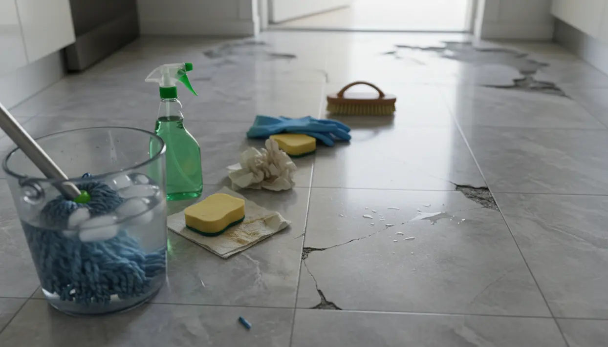 Secchio con ghiaccio, mocio e detergenti su pavimento in piastrelle con crepe e zone rovinate