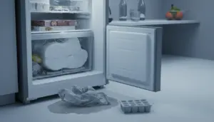 Congelatore aperto con brina e accumulo di ghiaccio nei cassetti, acqua sul pavimento in cucina