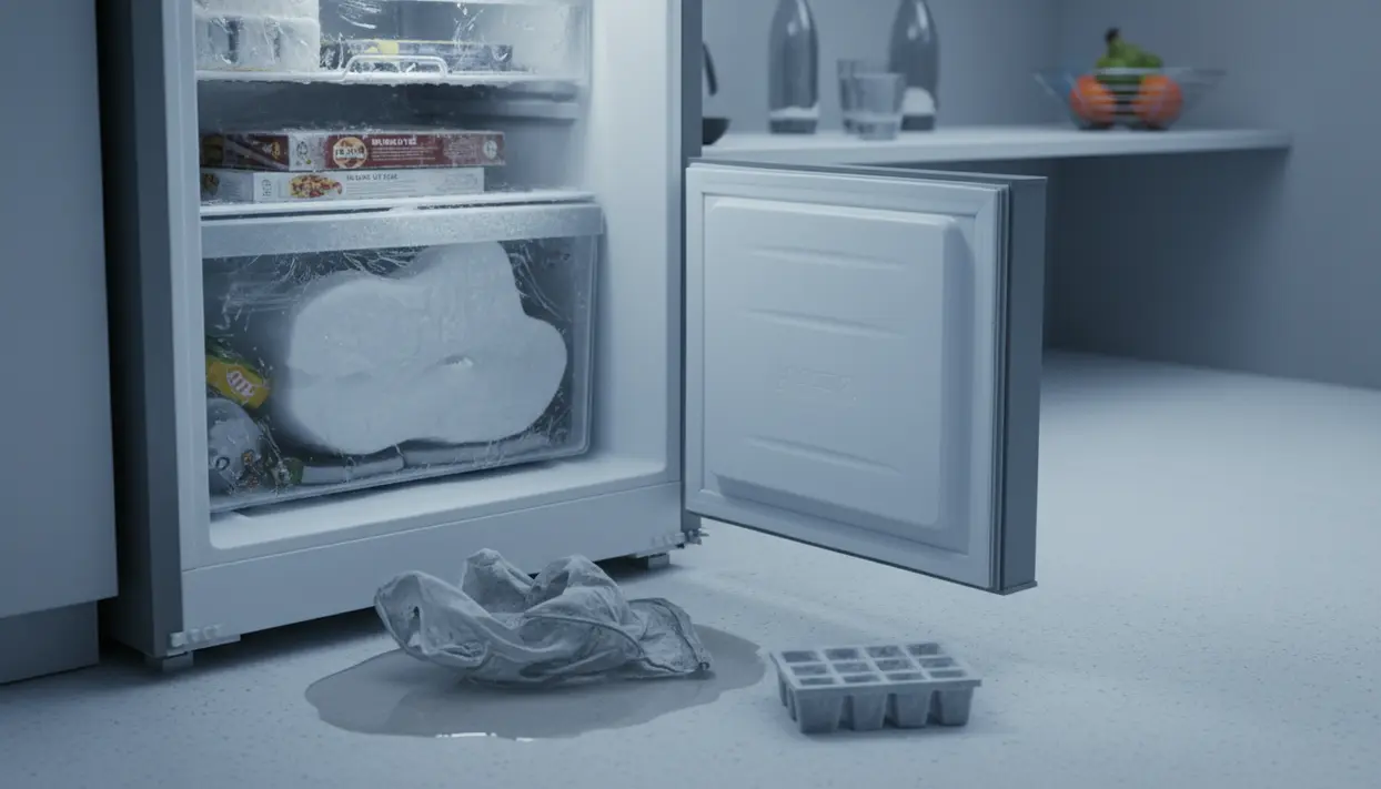 Congelatore aperto con brina e accumulo di ghiaccio nei cassetti, acqua sul pavimento in cucina