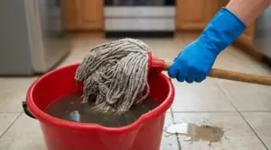 Mocio immerso in un secchio con acqua sporca su pavimento della cucina, mano con guanto che lo strizza