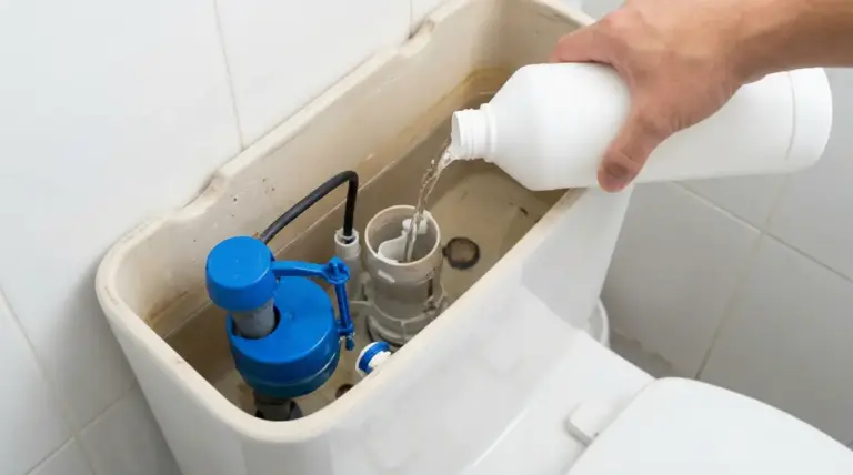 Una mano versa un liquido trasparente nella cassetta di un WC aperta