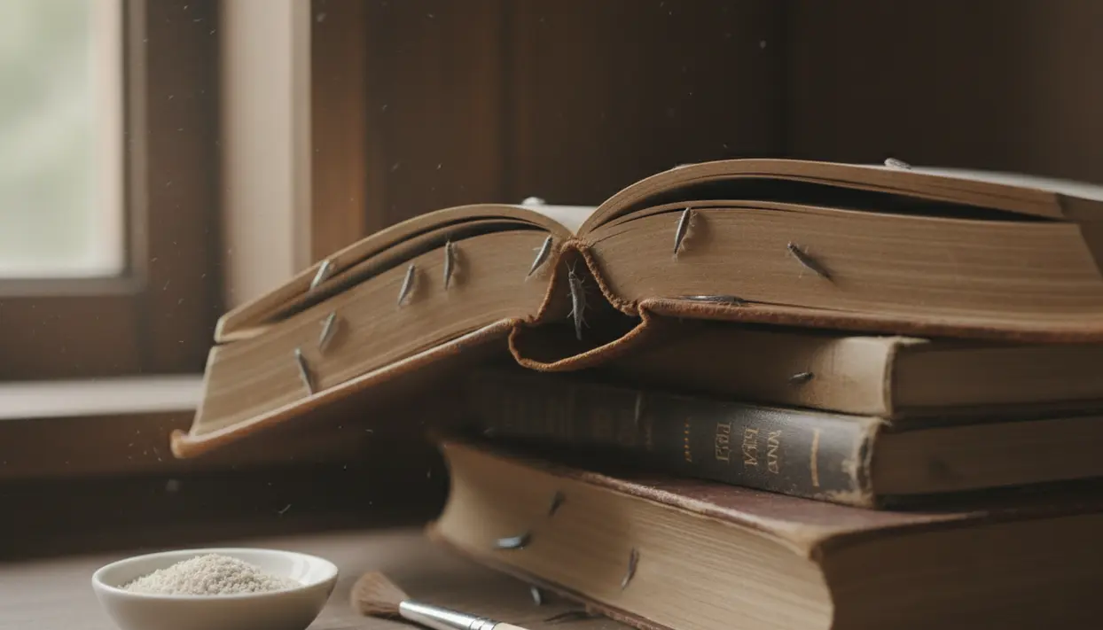 Pesciolini d’argento tra le pagine di vecchi libri impilati su un tavolo in casa