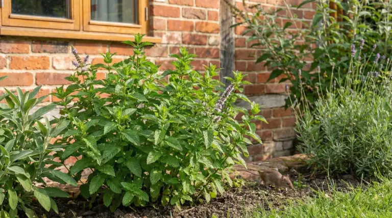 Pianta aromatica in aiuola vicino a un muro, con un topo nel giardino tra le erbe