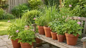 Vasi di piante aromatiche e antizanzare su una panchina in giardino