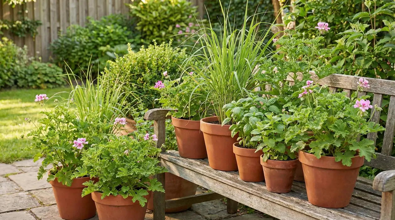 Vasi di piante aromatiche e antizanzare su una panchina in giardino