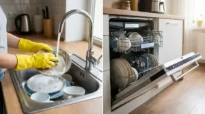 Lavaggio piatti a mano nel lavello e lavastoviglie aperta con stoviglie, confronto consumi d’acqua in cucina