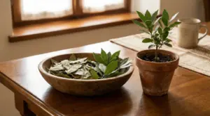 Ciotola con foglie di alloro e piantina di alloro in vaso su tavolo di legno