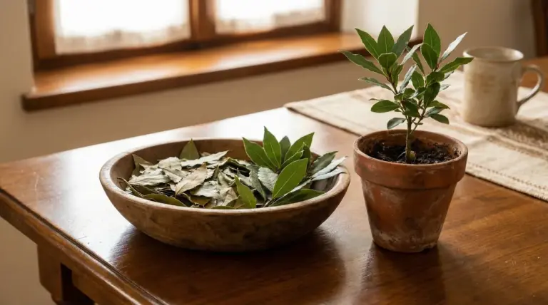 Ciotola con foglie di alloro e piantina di alloro in vaso su tavolo di legno