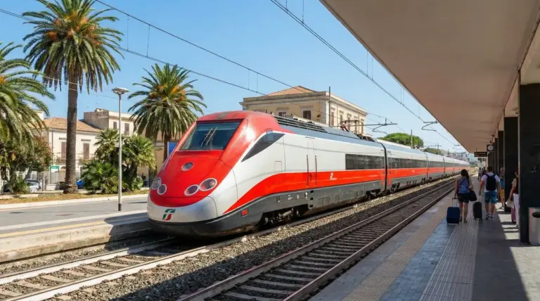Treno ad alta velocità fermo in una stazione del Sud Italia con passeggeri sul marciapiede