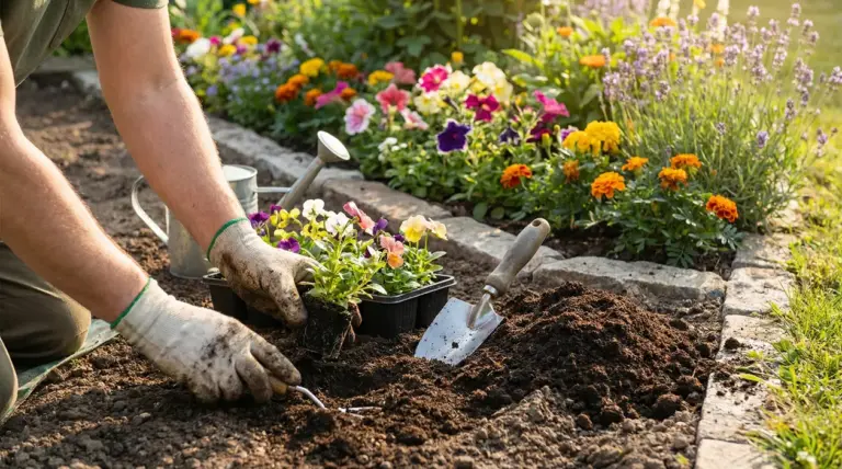 Persona che pianta fiori colorati in un'aiuola da giardino con attrezzi da giardinaggio