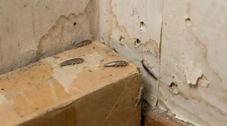 Insetti pesciolini d'argento su un angolo di parete danneggiata in una casa