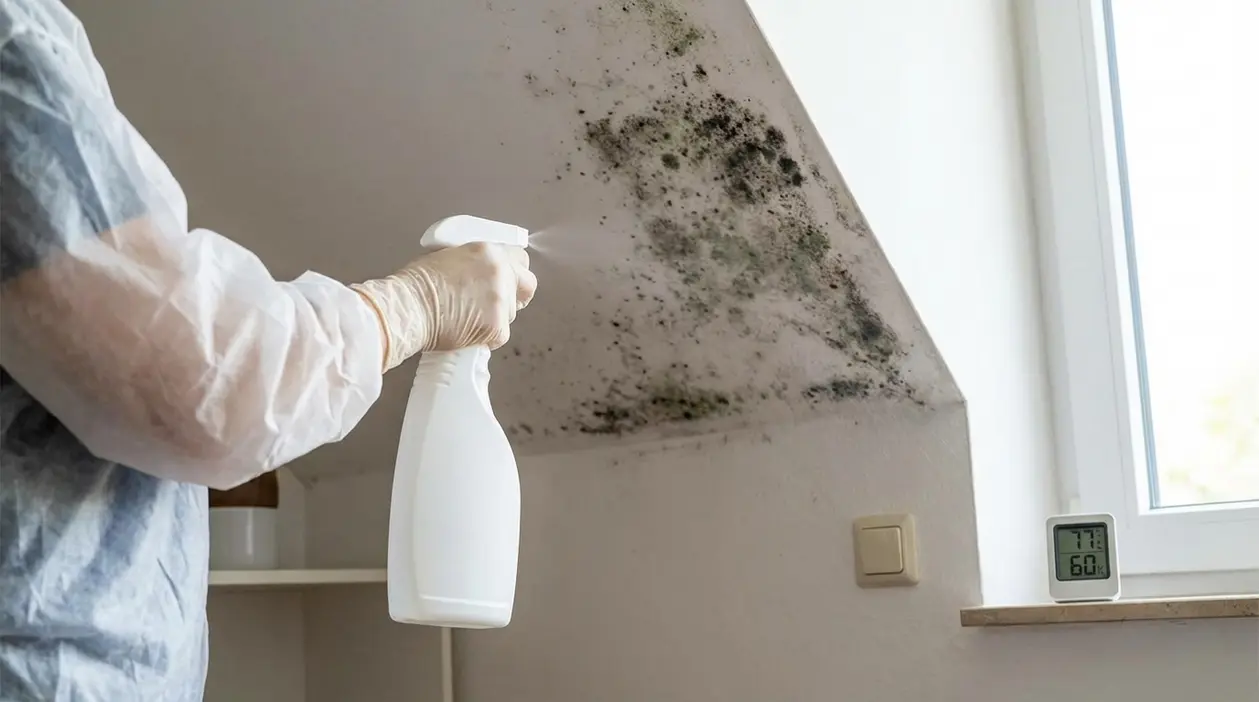 Una persona spruzza un detergente su muffa nell’angolo del soffitto vicino a una finestra