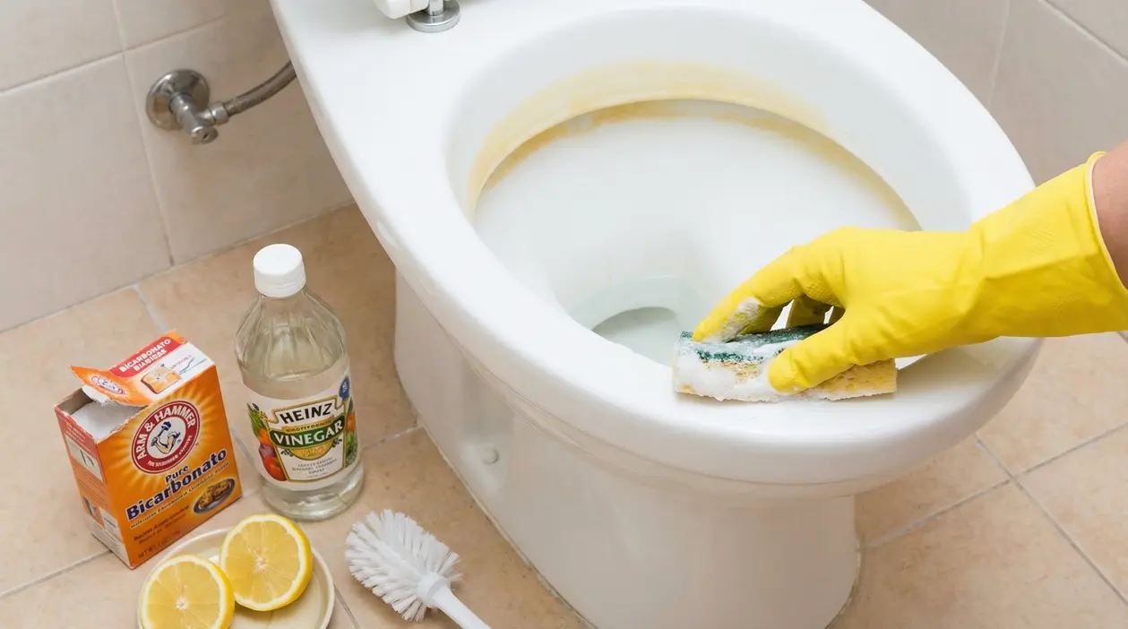 Pulizia del water con bicarbonato, aceto e limone per rimuovere il fondo ingiallito