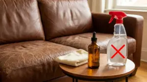 Divano in pelle marrone con panno, flacone contagocce e spray da evitare per la pulizia e nutrizione della pelle