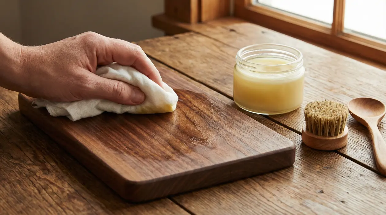 Mano che applica un prodotto naturale su tagliere in legno con panno, vicino a vasetto e spazzolina