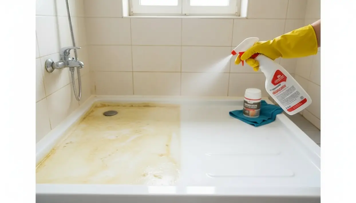 Piatto doccia ingiallito e incrostato mentre viene trattato con uno spray sbiancante e detergente