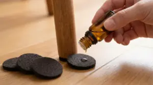 Mano versa olio essenziale su un feltrino accanto alla gamba di una sedia in legno