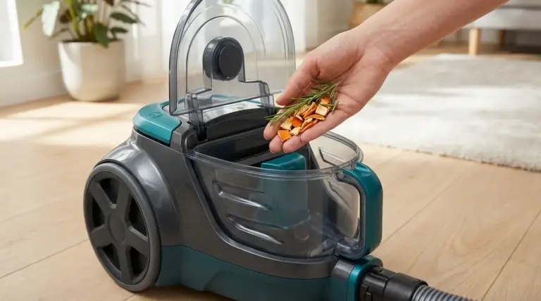 Mano che inserisce erbe aromatiche e bucce agrumate nel serbatoio di un aspirapolvere in casa