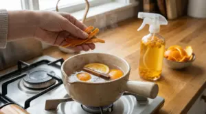 Una mano aggiunge bucce d’arancia in una pentola con acqua, fette di arancia e cannella sul fornello.