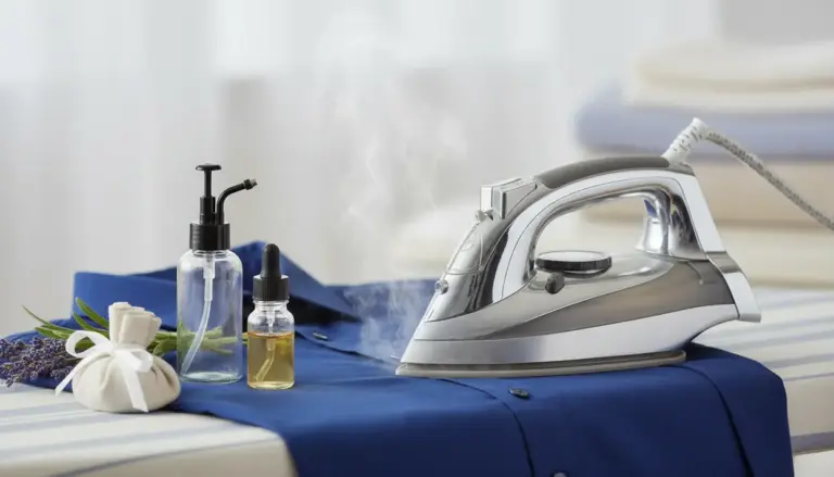 Ferro da stiro a vapore su camicia blu con flaconi di essenza e sacchetto profumato per profumare i vestiti
