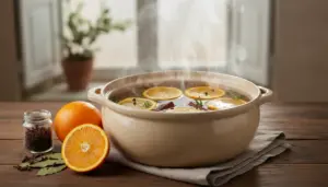 Pentola fumante con fette d’arancia e spezie naturali per profumare la casa in modo naturale