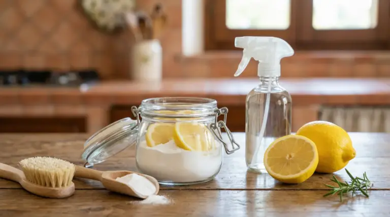 Barattolo con limone e bicarbonato su tavolo in cucina accanto a spray, limoni e spazzola