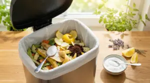 Pattumiera aperta con scarti organici e bicarbonato; sul tavolo limone e lavanda per profumare e ridurre i cattivi odori