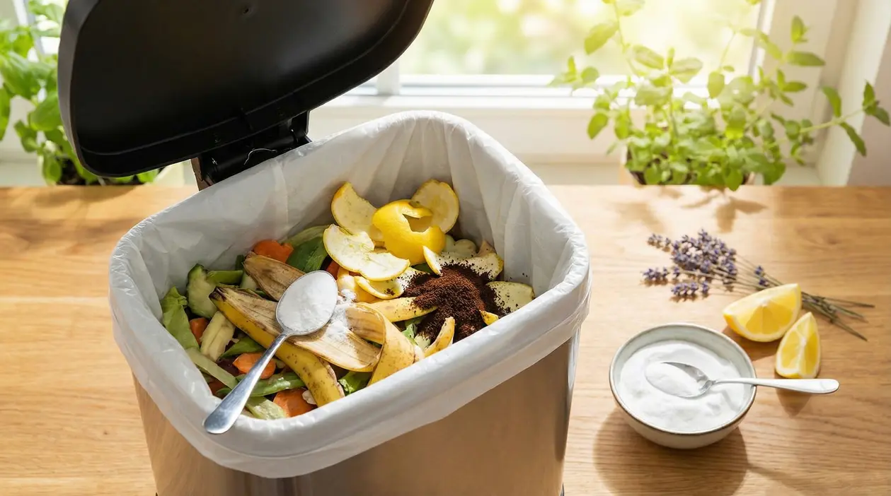 Pattumiera aperta con scarti organici e bicarbonato; sul tavolo limone e lavanda per profumare e ridurre i cattivi odori