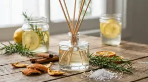 Profumatore naturale con bastoncini, agrumi, rosmarino e cannella su tavolo di legno