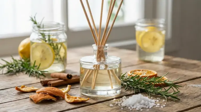 Profumatore naturale con bastoncini, agrumi, rosmarino e cannella su tavolo di legno