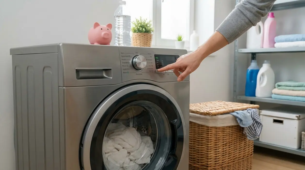 Persona che seleziona il programma eco su una lavatrice a carica frontale in lavanderia domestica
