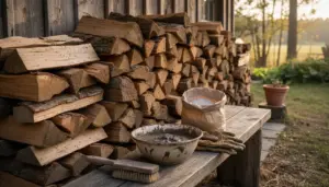 Catasta di legna esterna accanto a una parete, con cenere, spazzola e guanti per una protezione naturale