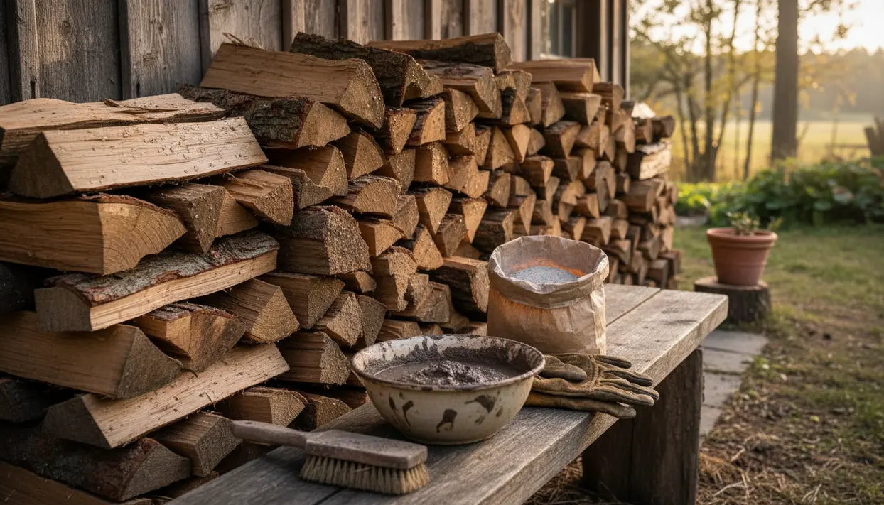 Catasta di legna esterna accanto a una parete, con cenere, spazzola e guanti per una protezione naturale